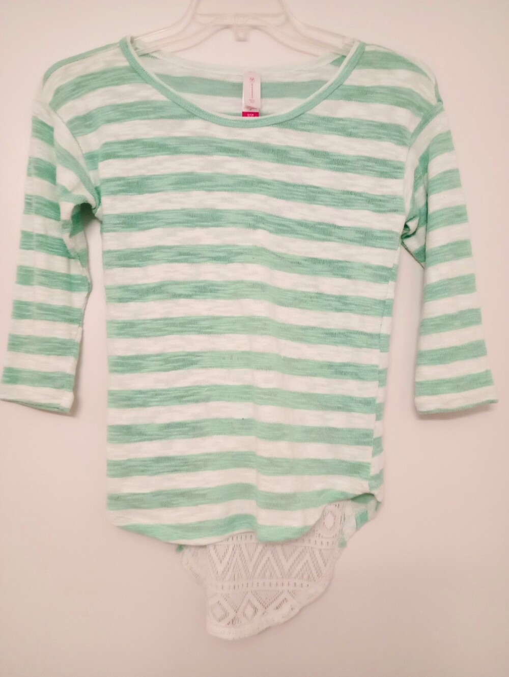 Ladies' Mint & White Striped 3/4 Sleeve Top with Lace Hem, Size Small, By NOBO